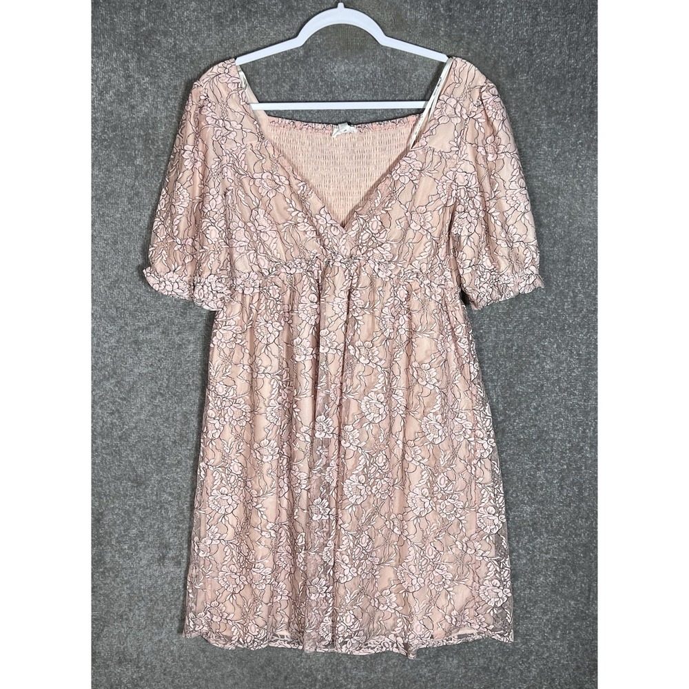 Dance & Marvel Babydoll Floral Lace Dress Womens Sz L Blush Pink Puff Sleeve New